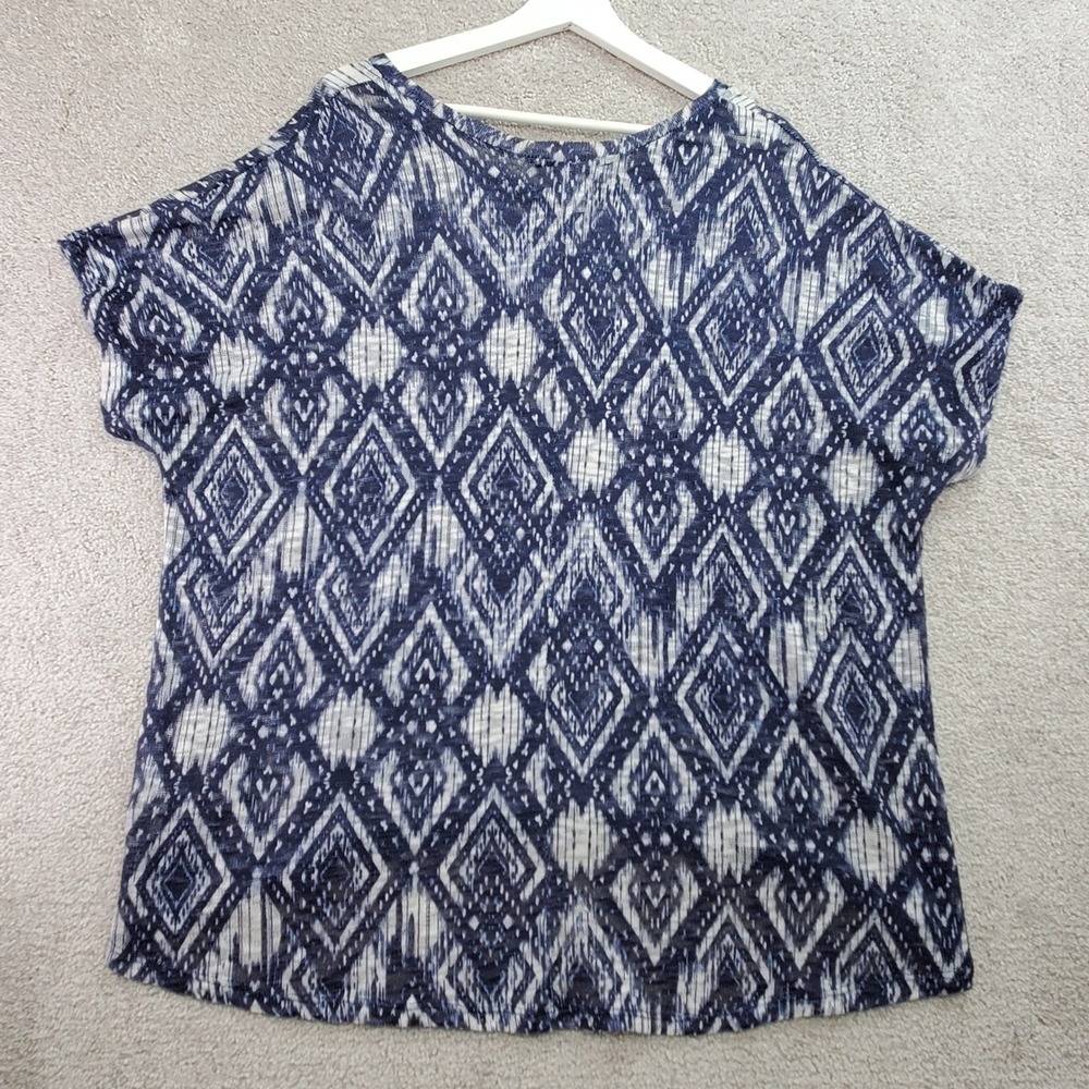 CJ Banks Blue White Ikat Diamond Print Short Sleeve Tunic Top Plus Size 2X - Picture 6 of 10
